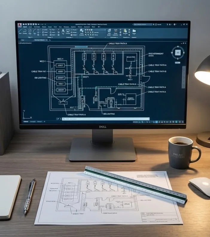 Technical CAD design plans displayed on a desktop workstation