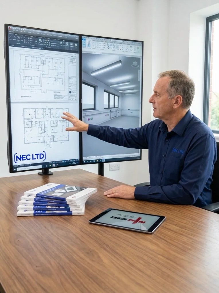 Engineer reviewing technical plans on dual monitors
