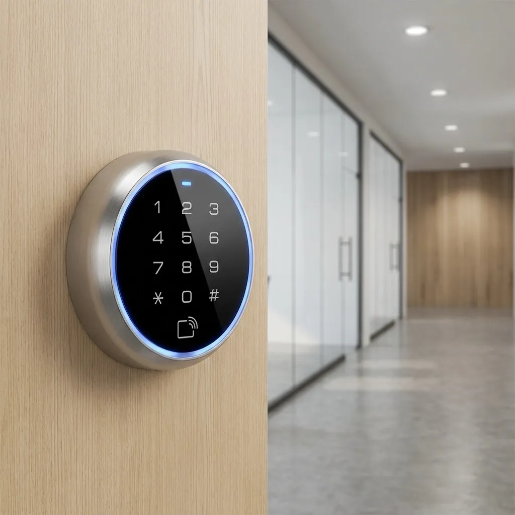 Access control keypad installed in a modern corridor