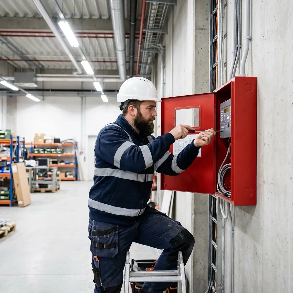 Engineer commissioning a fire alarm system panel